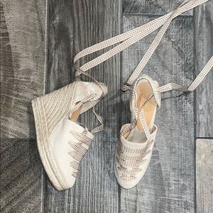 Castaner Cream and Tan Espadrille Shoes with 4.5” Wedge Heel 1” platform.